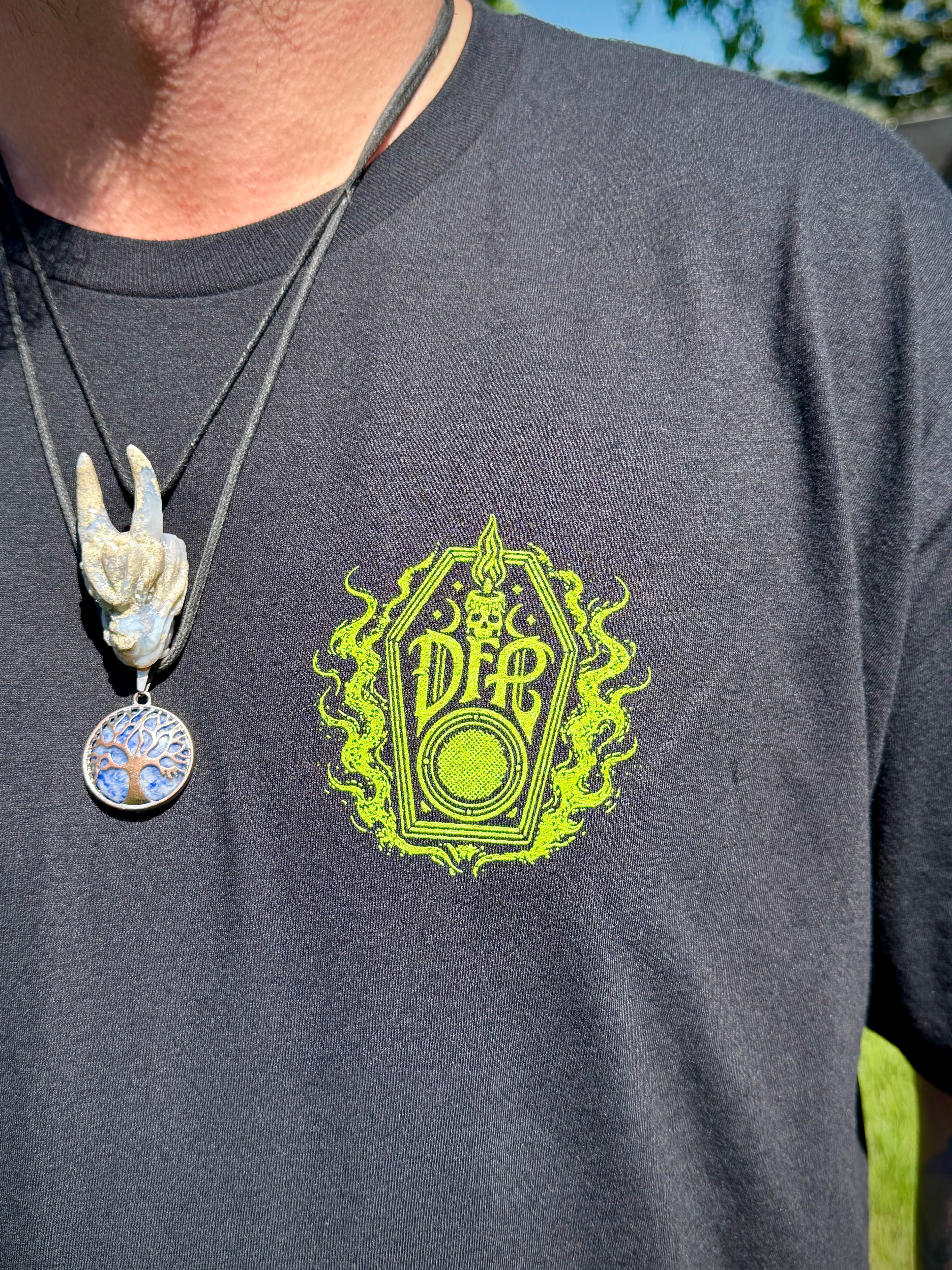 Deadfolk Prophet- Coffin Logo Back figure and text- Print T-Shirt
