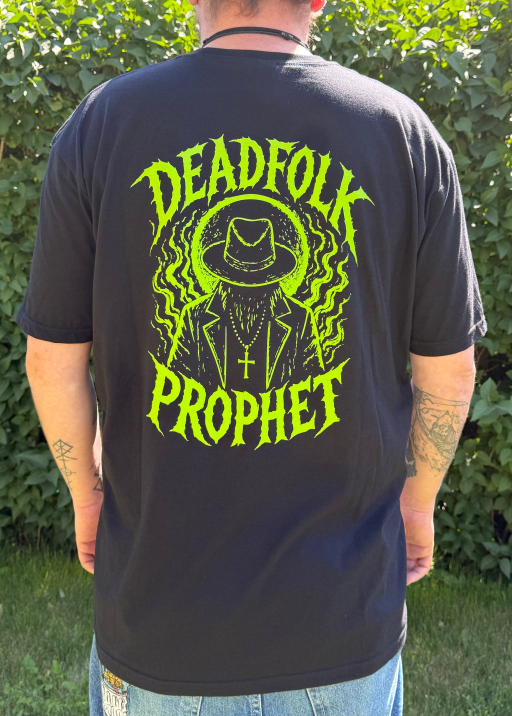 Deadfolk Prophet- Coffin Logo Back figure and text- Print T-Shirt